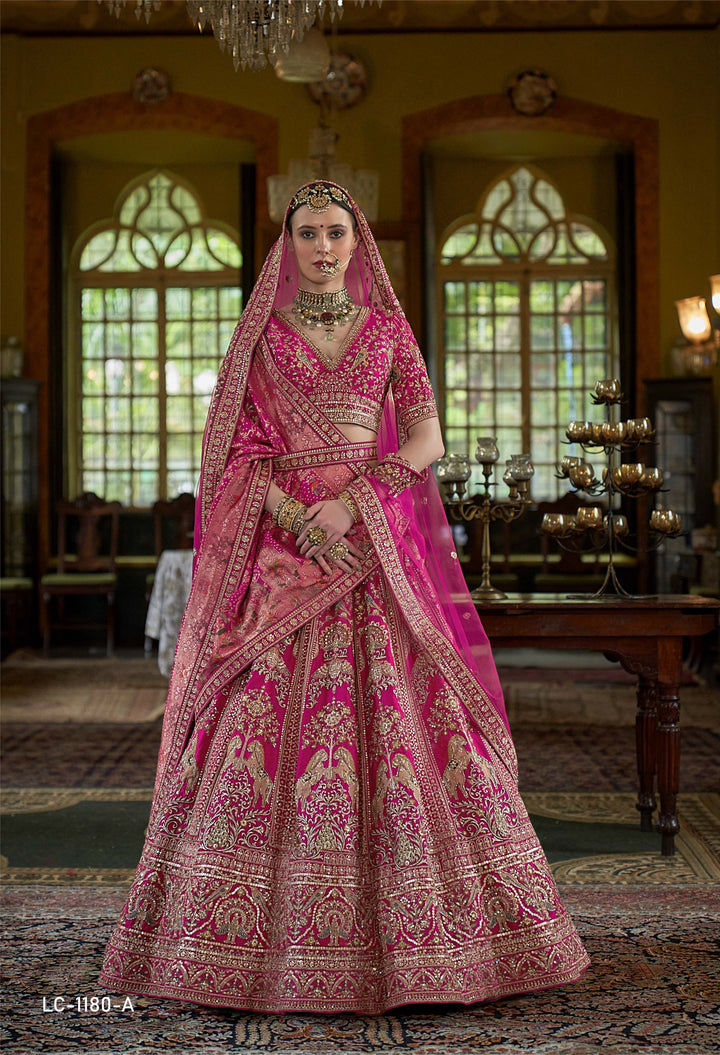 Majestic Magenta Pink Bridal Lehenga with Zardozi & Peacock Motifs – Double Dupatta Royal