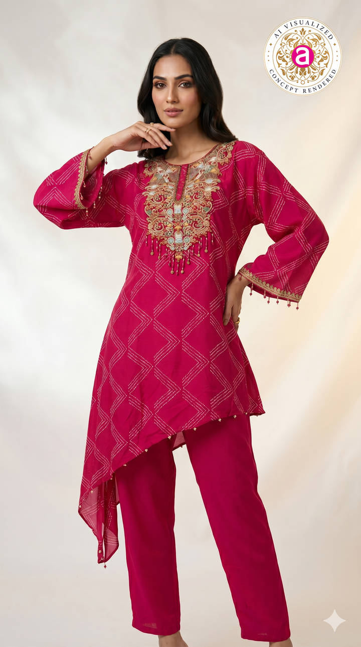 Rani Pink Embroidered Asymmetric Co-ord Set