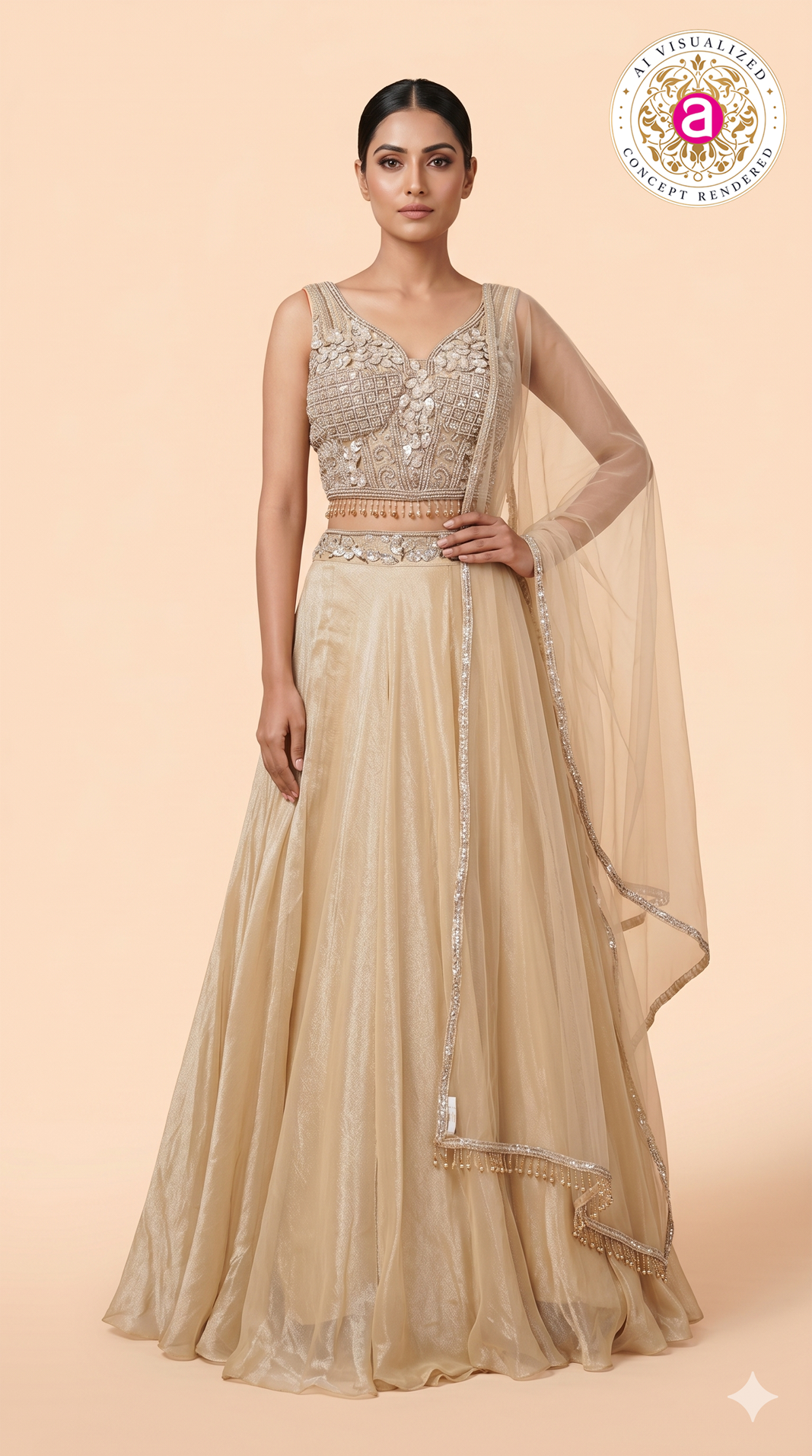 Champagne Gold Embellished Lehenga Set with Sheer Net Dupatta