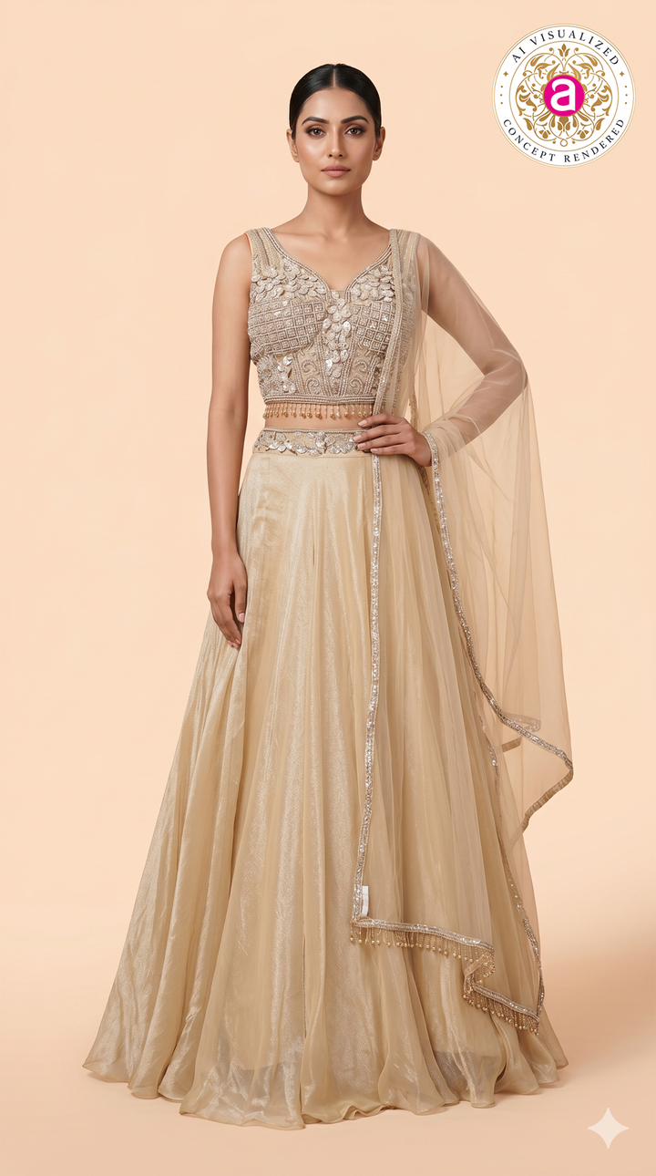 Champagne Gold Embellished Lehenga Set with Sheer Net Dupatta