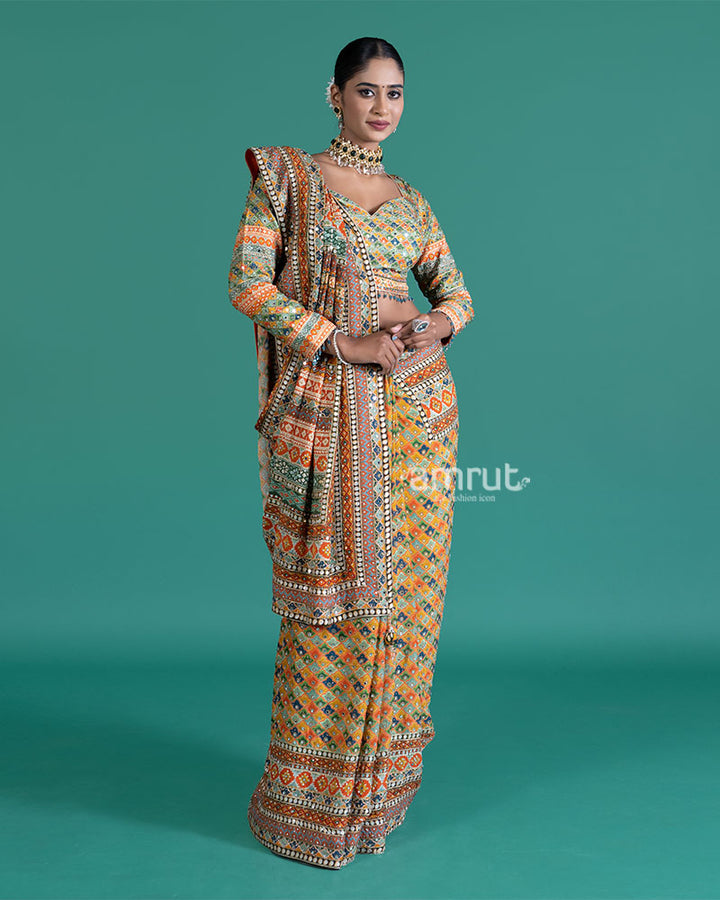 Yellow with Multicolored Mirror Embroidered Saree with Stitched Blouse