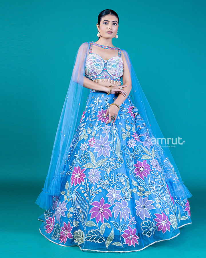 Embellished Blue Koi Lehenga Choli with Floral Embroidery and Attached Dupatta