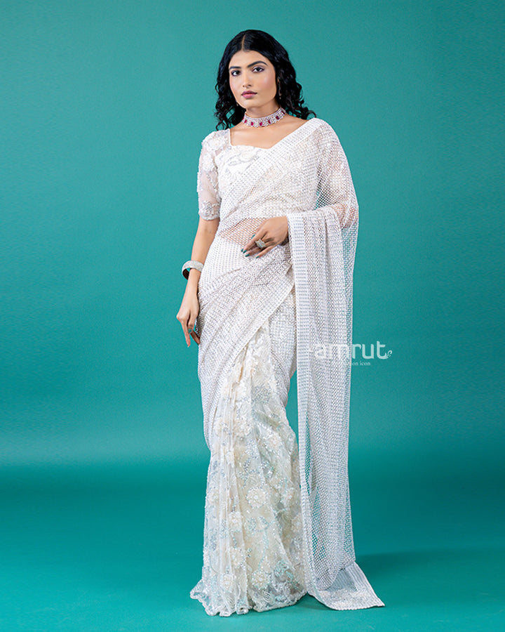 White Saree with Intricate Embroidery, Sequin, and Bead Work