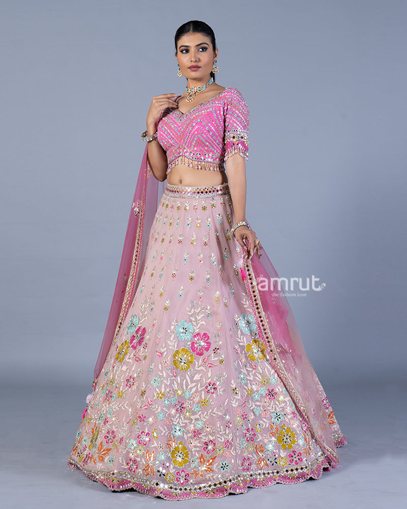 Light Pink Floral Embroidered Lehenga and Embellished Choli with Ombre Dupatta