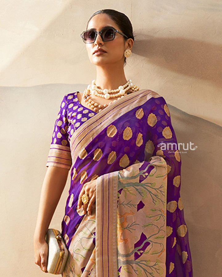 Purple with Golden Polka Dots, Nature-Inspired Print Border Georgette Saree and Unstitched Blouse