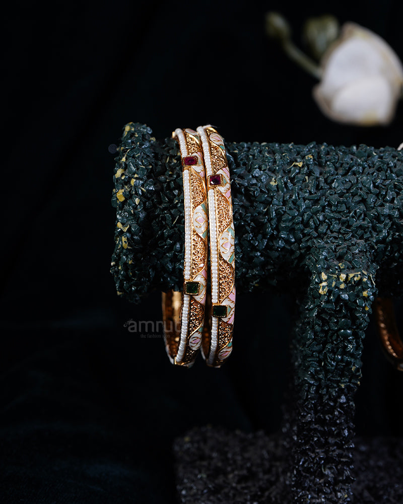 Golden-Toned Gemstone Accents and Bead Detailing Floral Bangles