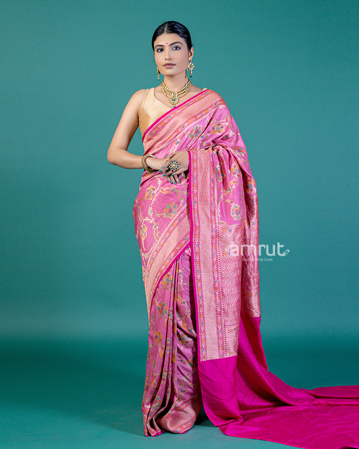 Pink Zari Embroidered Saree with Unstitched Blouse