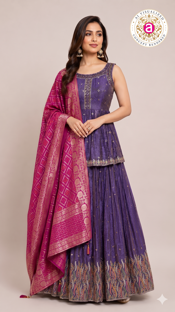 Purple Handwork Lehenga Skirt Set with Banarasi Dupatta