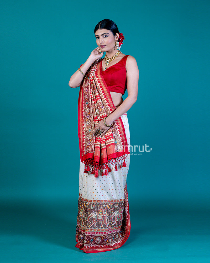 White Ikat Patola Silk Saree with Red Pallu, Printed Border & Unstitched Blouse