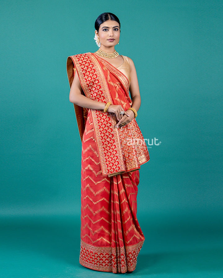 Red Silk Saree with Gota Patti Embellishments and Unstitched Blouse