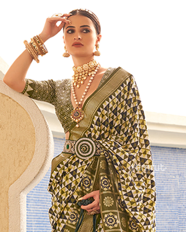 Olive Green & White Geometric Printed Embellished Zari Border Silk Saree with Unstitched Blouse