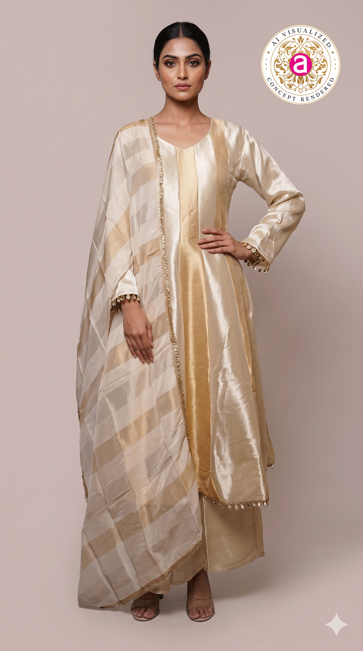 Champagne Gold Kurta Palazzo Set with Striped Dupatta
