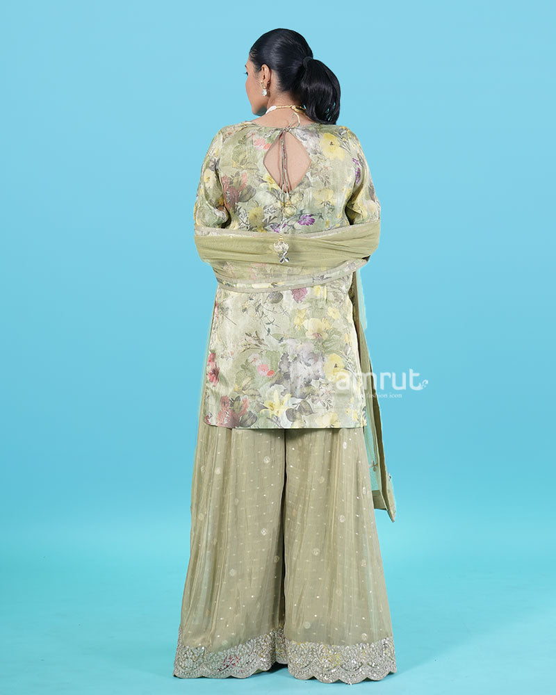 Light Olive Green Floral Embroidered Salwar Kameez and Dupatta