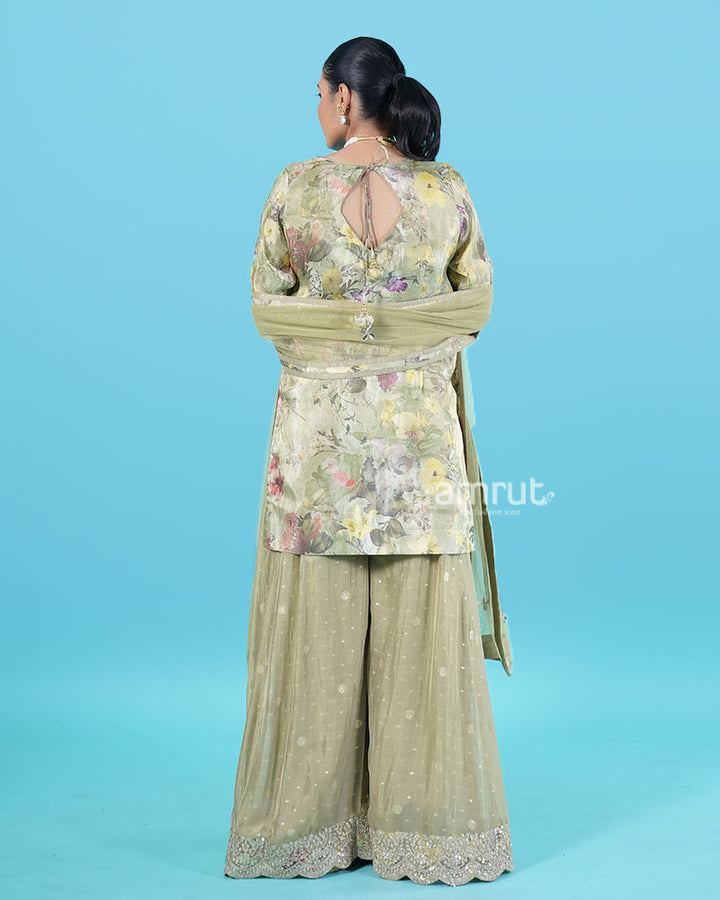 Light Olive Green Floral Embroidered Salwar Kameez and Dupatta