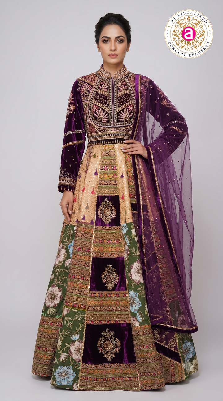 Royal Purple Velvet & Floral Panel Designer Lehenga Set with Embroidered Dupatta