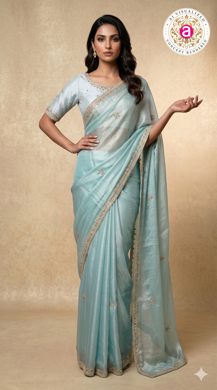 Sky Blue Hand-Embellished Designer Saree with Mirror Work Blouse