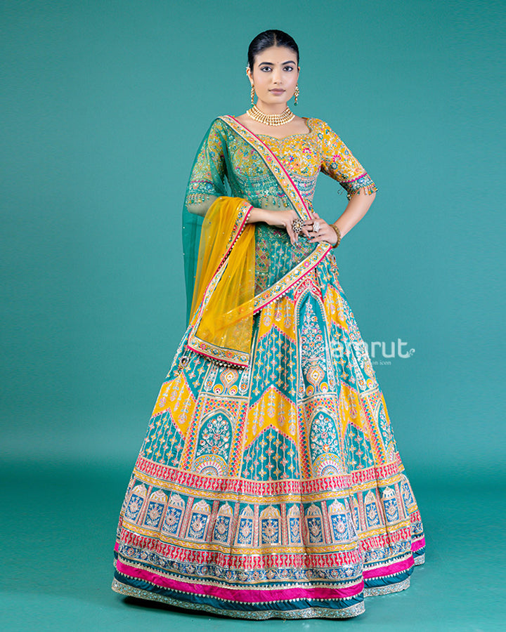 Teal Green and Mustard Yellow Embroidered Lehenga Choli with Yellow Dupatta