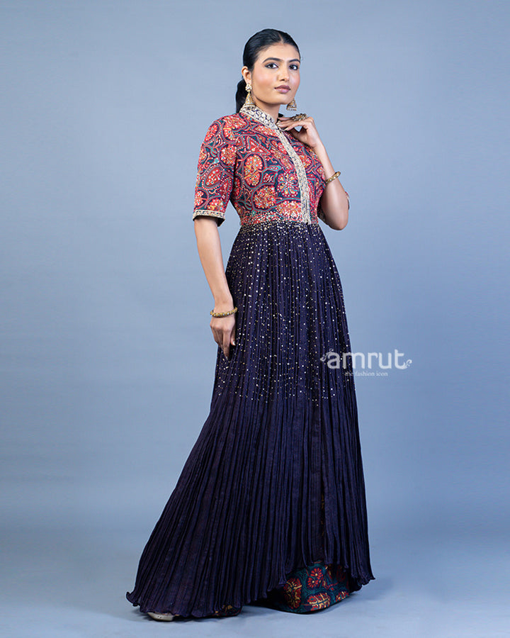 Dark Lavender Floor-Length Kurti with Printed Palazzo Pants