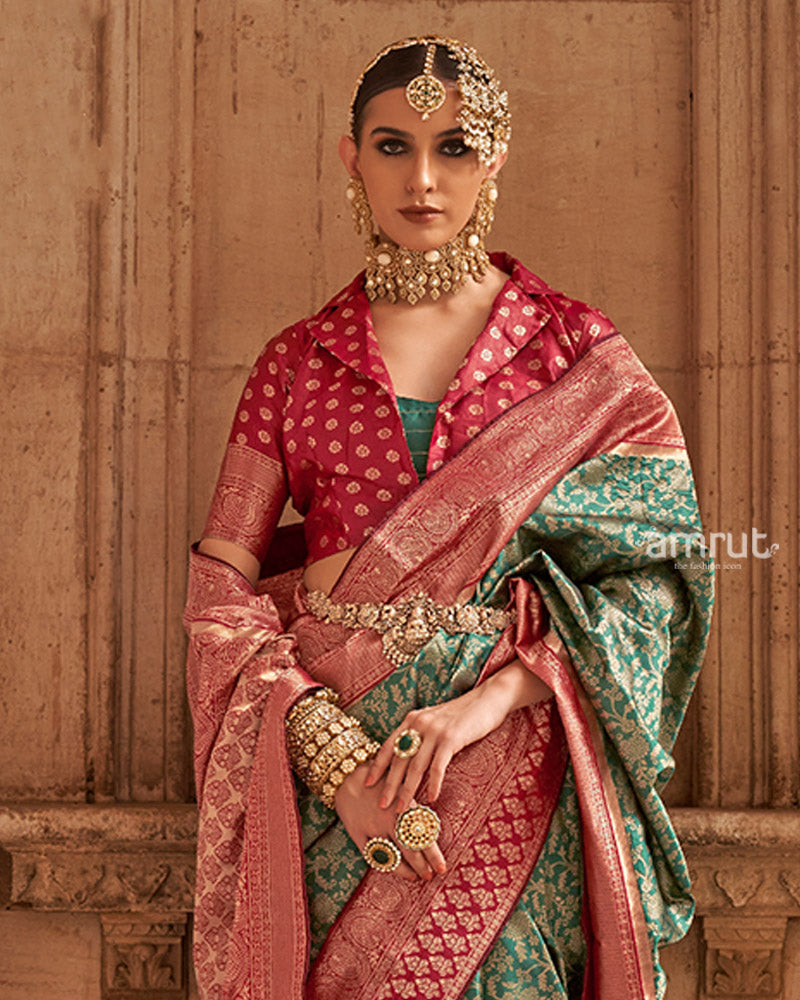 Green and Red Gold-Toned Ethnic Motifs Design Zari Silk Saree with Unstitched Blouse