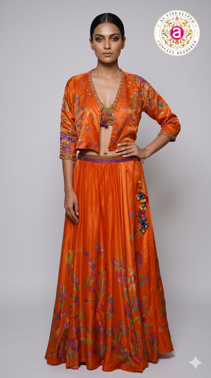 Vibrant Orange Floral Printed Indo-Western Skirt Set with Embroidered Jacket