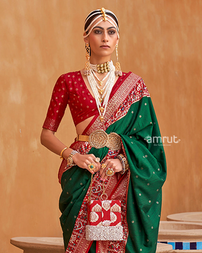 Green Zari Weaving Red Border Saree in Patola Silk with Unstitched Blouse