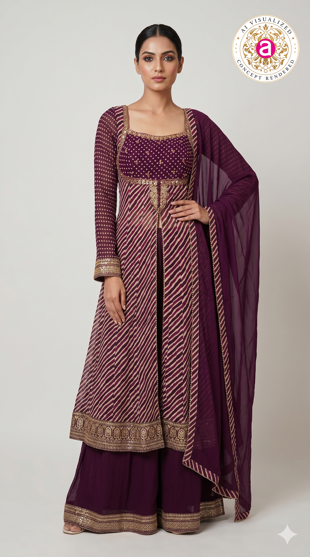 Royal Plum Leheriya Anarkali Kurta Set with Palazzo & Chiffon Dupatta