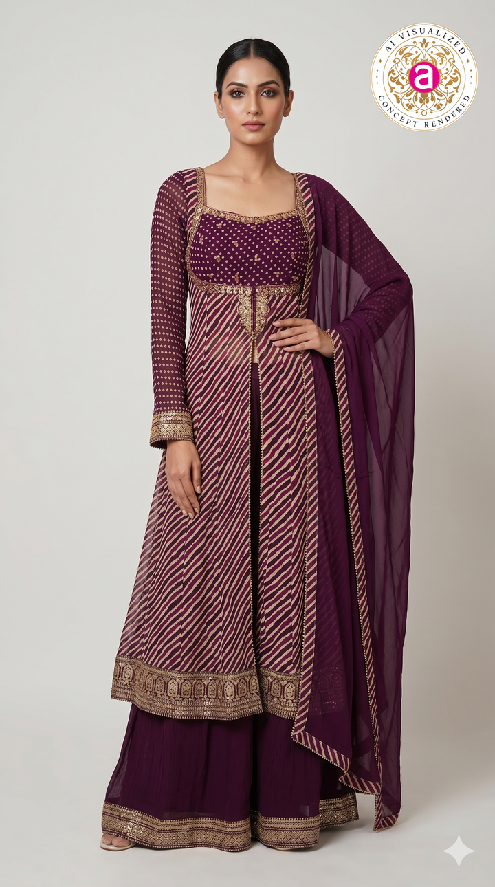 Royal Plum Leheriya Anarkali Kurta Set with Palazzo & Chiffon Dupatta
