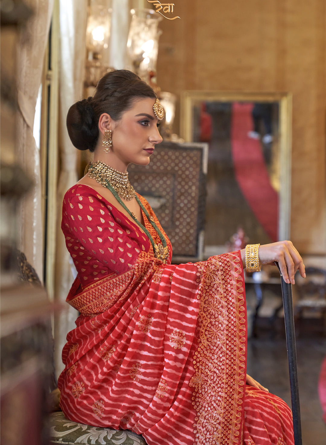 Royal Bridal Red Leheriya Pattern Georgette Designer Saree