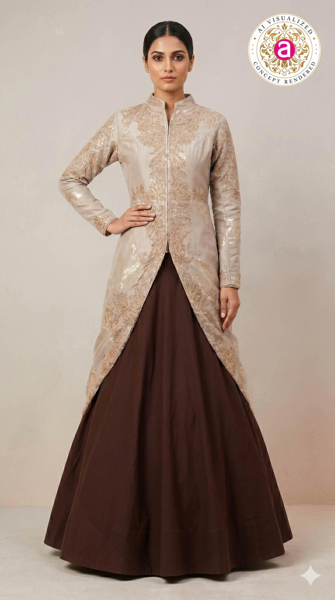Beige & Brown Designer Indo-Western Party Wear Gown Set