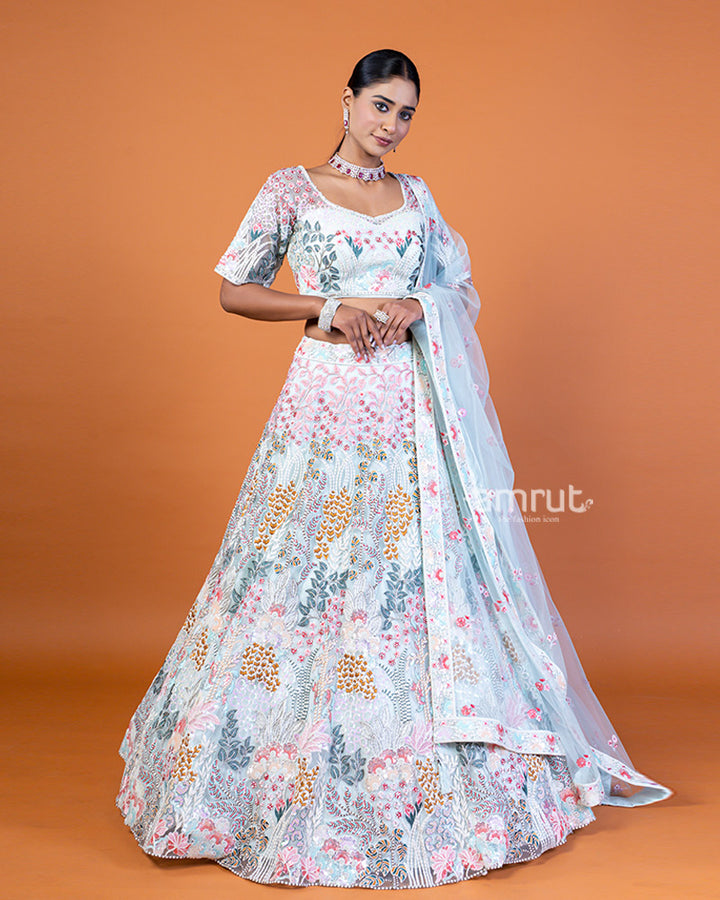 White and Powder Blue Embroidered Lehenga Choli Set with Dupatta