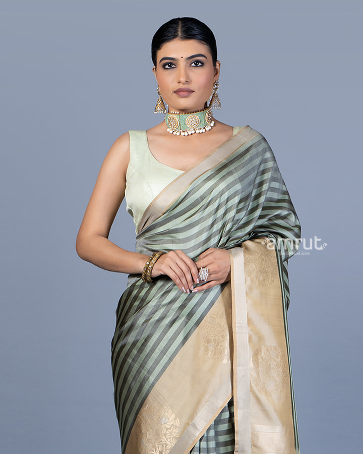 Light Sage Green and Beige Striped Saree with Unstitched Blouse