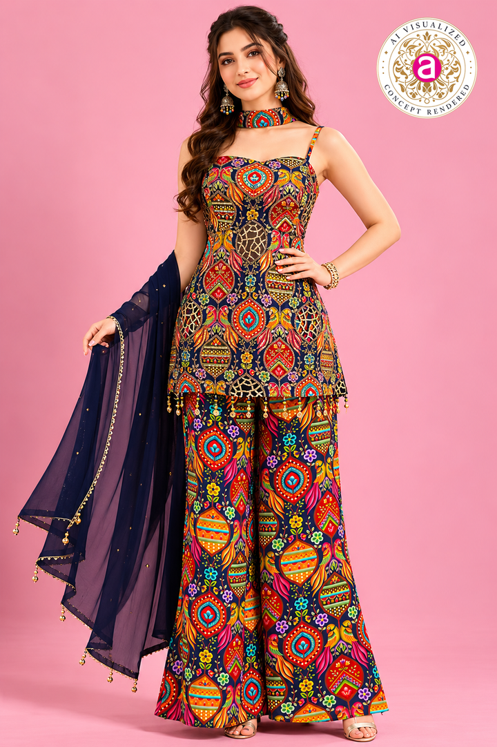 Multicolor Printed Indo-Western Pant Set with Dupatta
