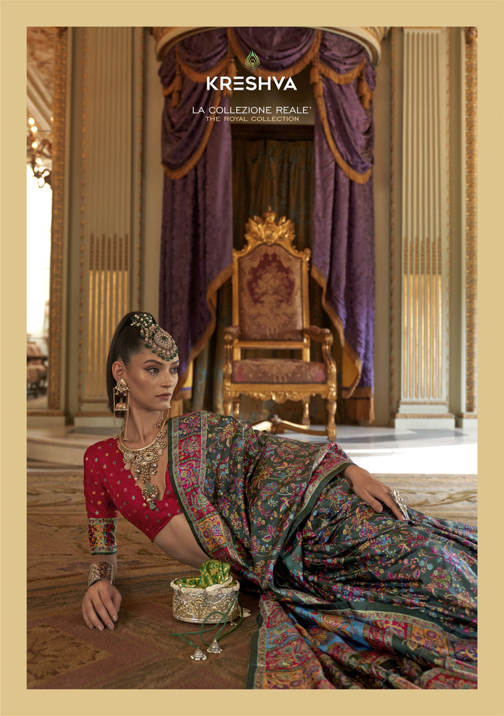 Deep Olive Green Pashmina Inspired Heritage Print Saree with Red Blouse