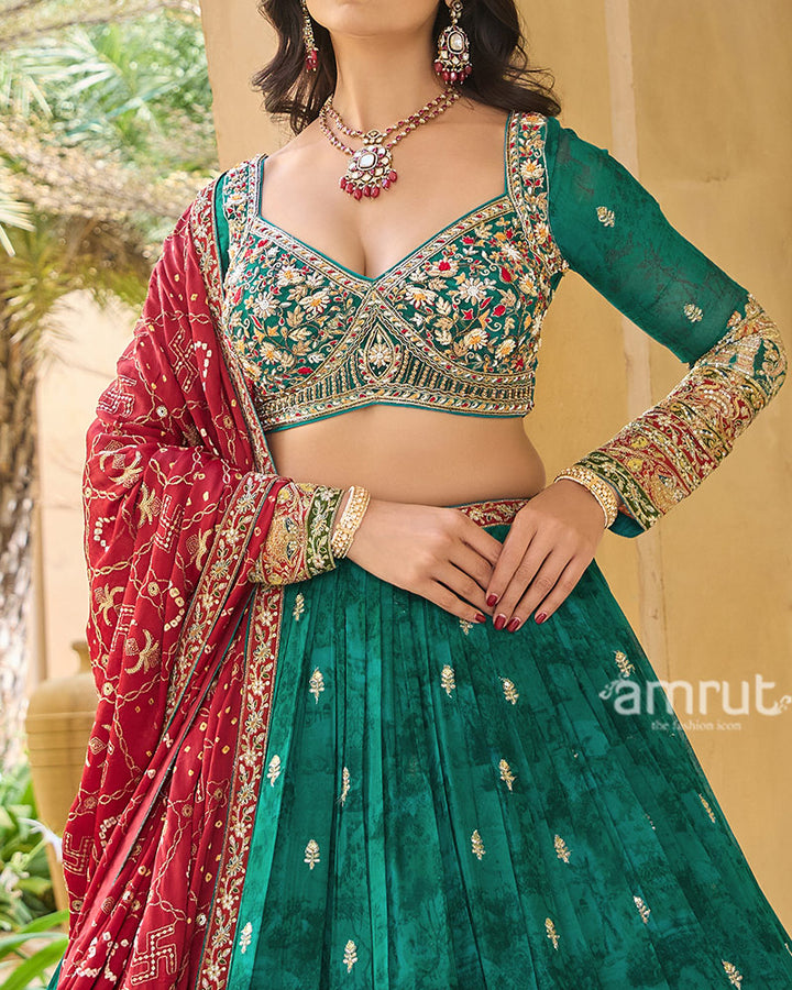 Dark Green Elephant Motif Intricate Embroidered Lehenga Choli with Maroon Dupatta