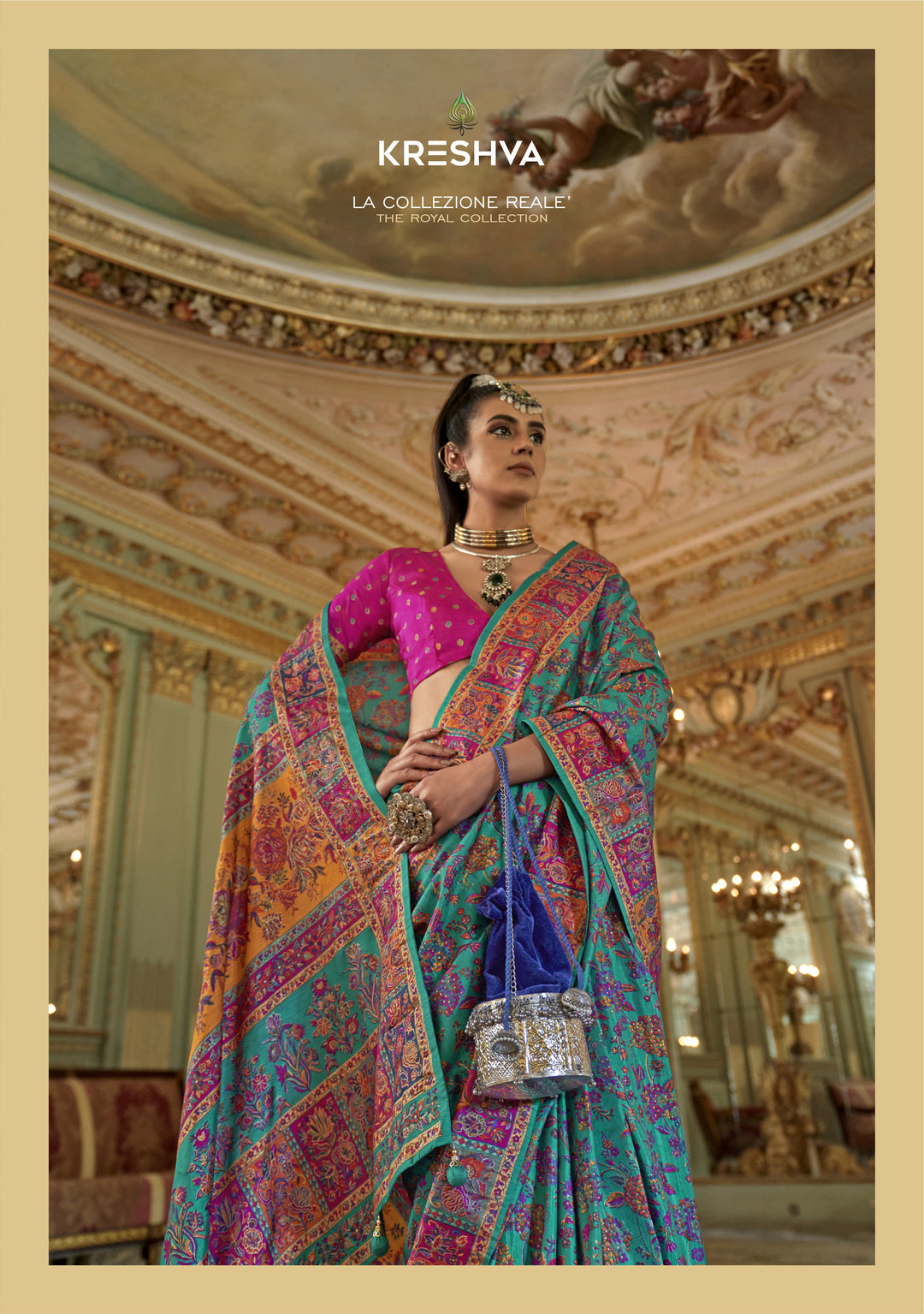 Teal Green Pashmina Inspired Heritage Print Saree with Rani Pink Blouse