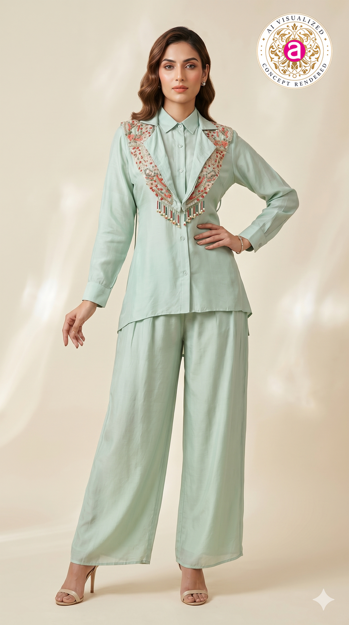 Mint Green Embellished Collar Co-ord Set