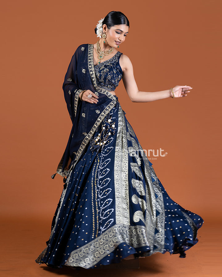 Blue Bandhani Lehenga with Embroidered Choli and Draped Dupatta