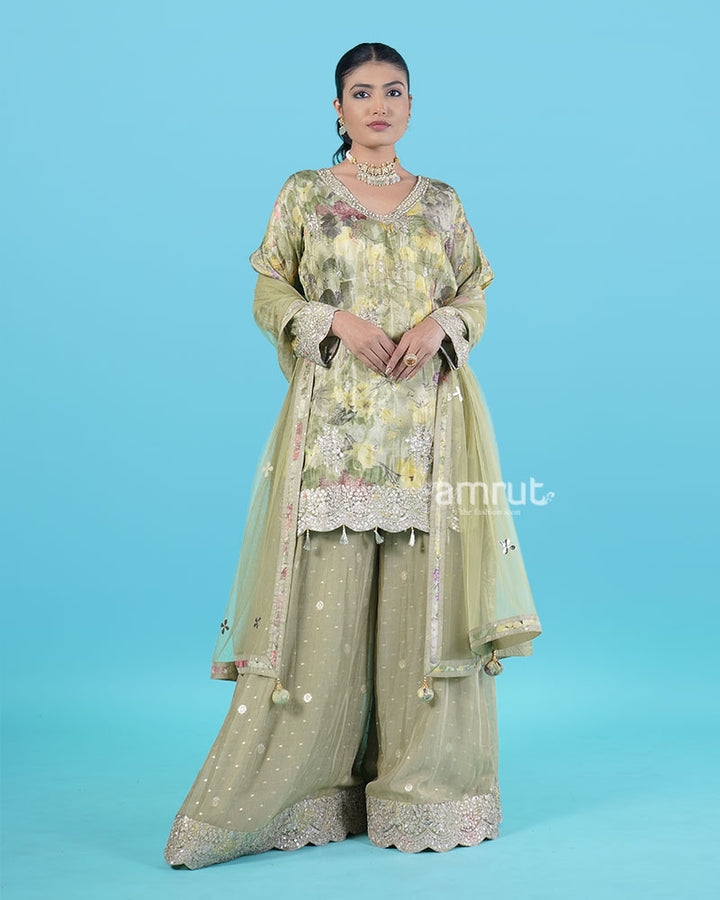 Light Olive Green Floral Embroidered Salwar Kameez and Dupatta