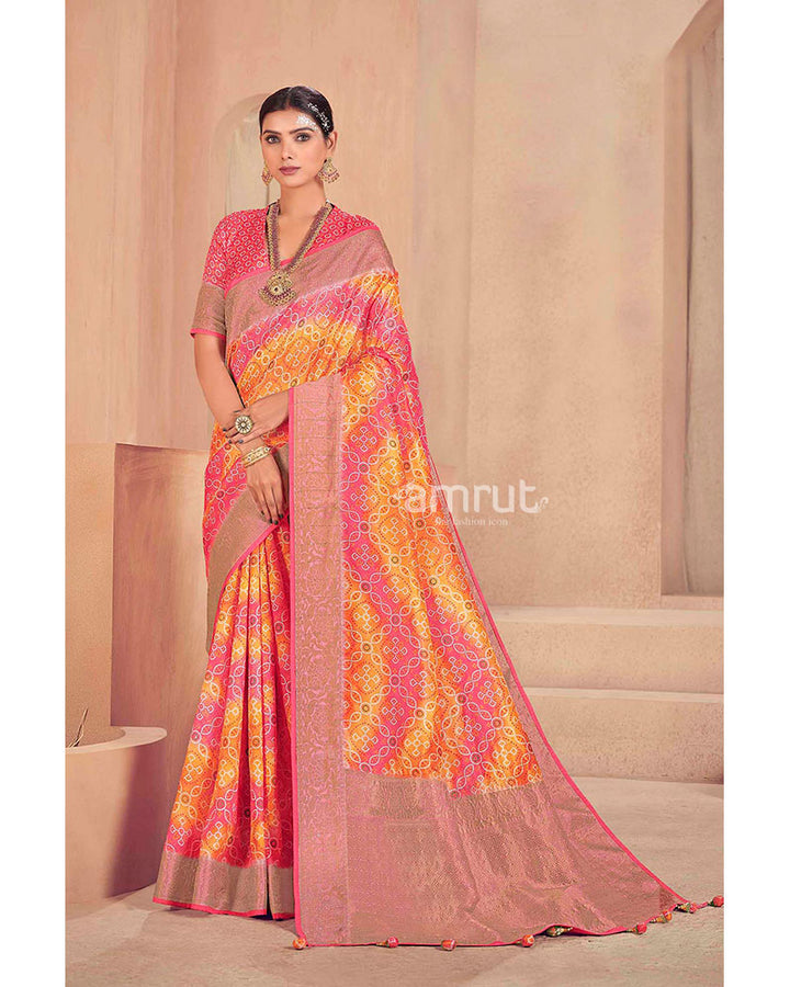 Orange Multicolour Saree With Bandhani Print and Unstitched Blouse