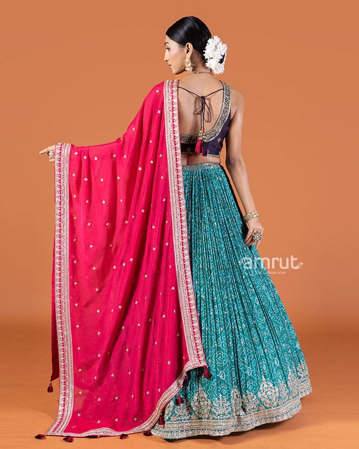 Teal Bandhani Lehenga with Purple Choli and Pink Dupatta Set