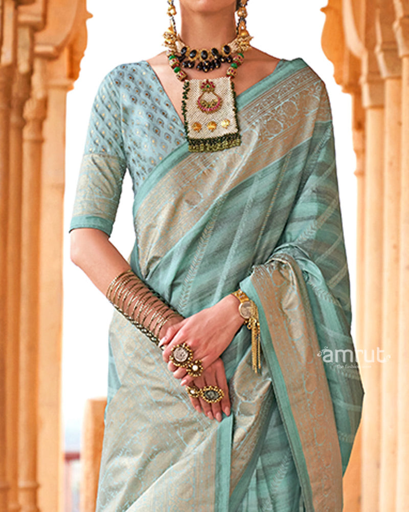 Opal Striped Pattern and Golden Border Silk Saree with Unstitched Blouse