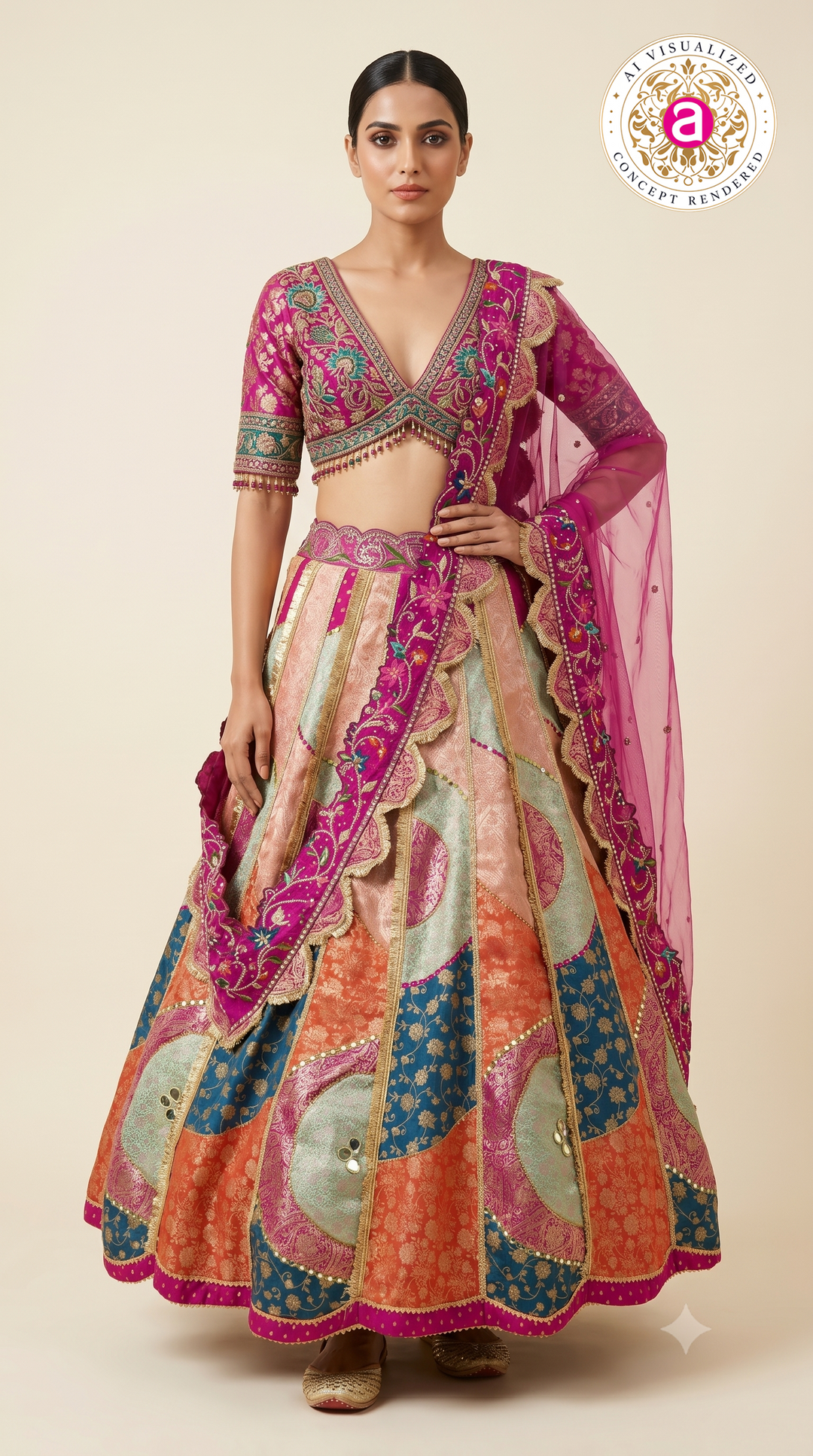 Rani Pink Heritage Patchwork Designer Lehenga Set