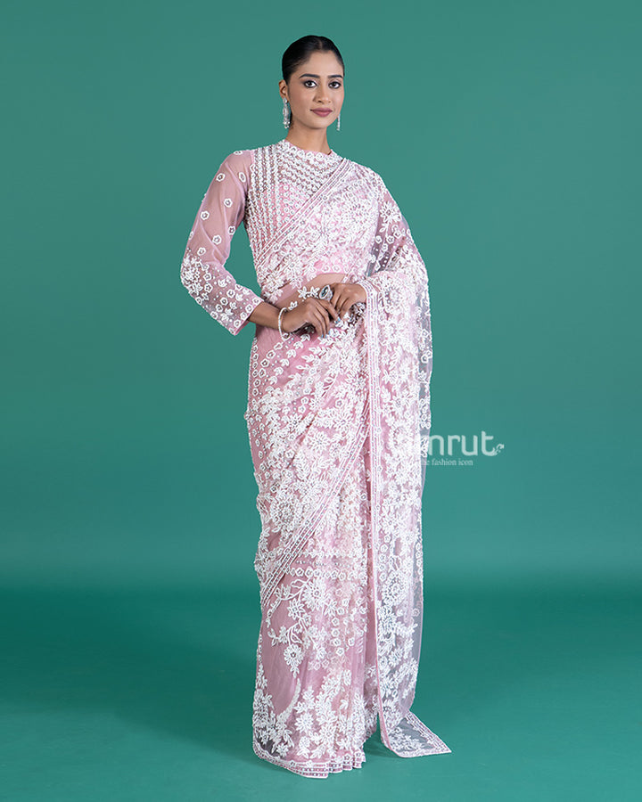 Light Pinkish-Rose Net Saree with White Embroidery and Beaded Long Sleeve Blouse