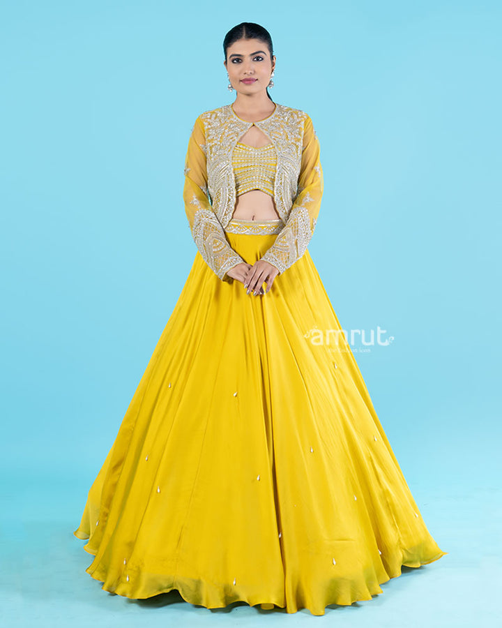 Yellow Embroidered Jacket with Crop Choli and Flared Lehenga