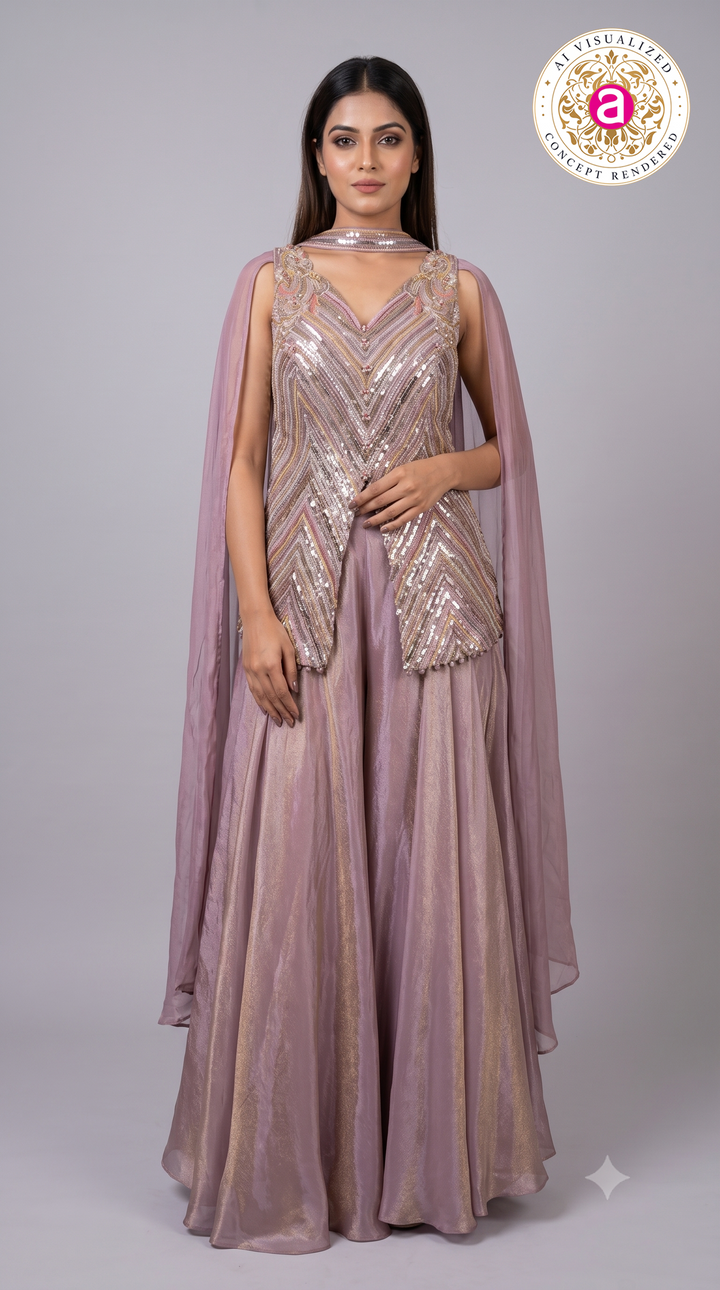 Dusty Mauve Sequined Cape Style Palazzo Set