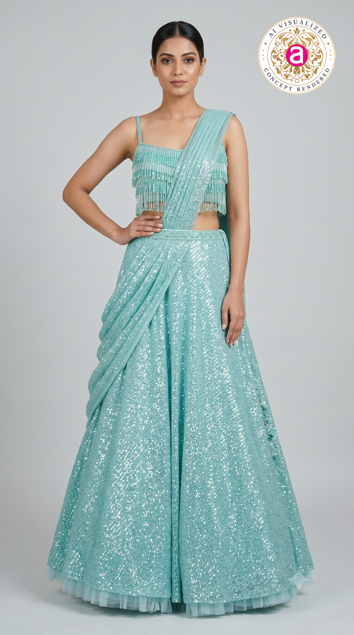 Ice Blue Sequin Draped Lehenga with Fringe Blouse