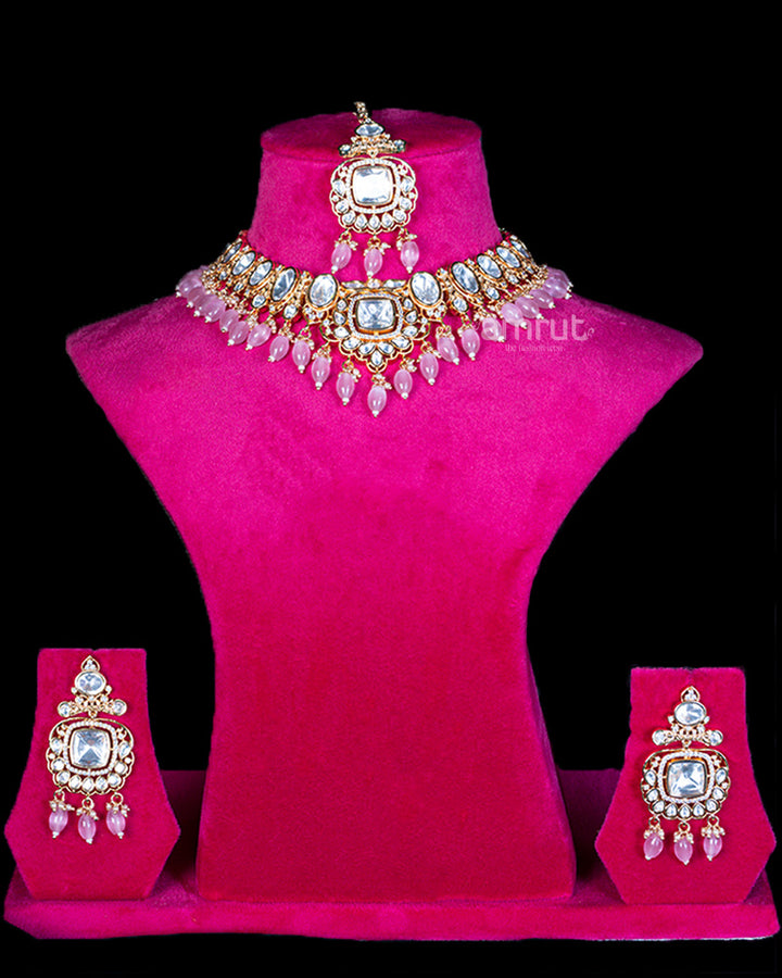 Crystal Design with Pink Teardrop Beads and Square Pendant Necklace and Earrings