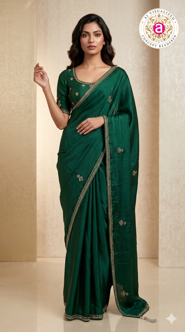 Emerald Green Hand-Embellished Designer Saree with Mirror Work Blouse
