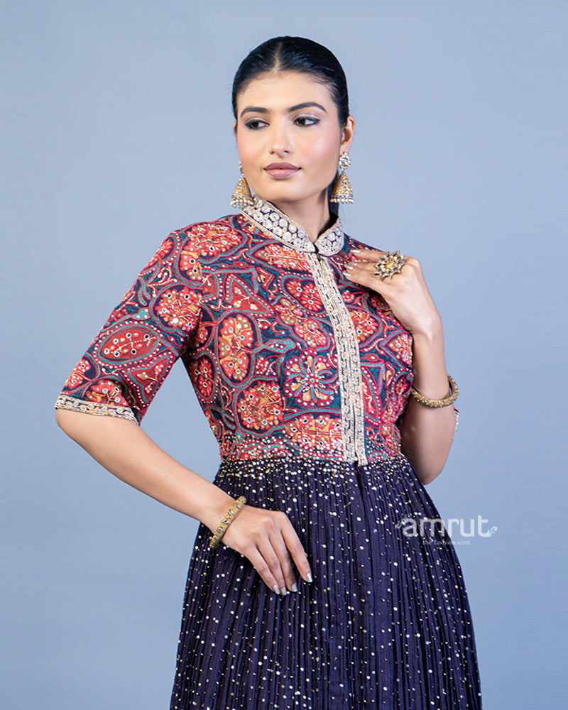 Dark Lavender Floor-Length Kurti with Printed Palazzo Pants