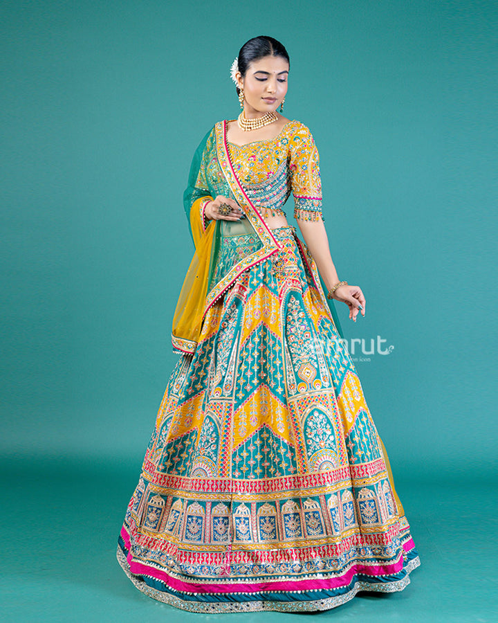 Teal Green and Mustard Yellow Embroidered Lehenga Choli with Yellow Dupatta